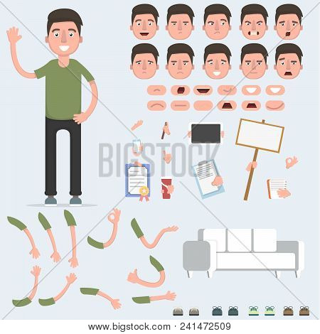 Creating A Young Guy With A Lot Of Different Views, Emotions, Postures And Gestures. Cartoon Style, 
