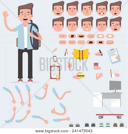Creating A Young Guy With A Lot Of Different Views, Emotions, Postures And Gestures. Cartoon Style, 