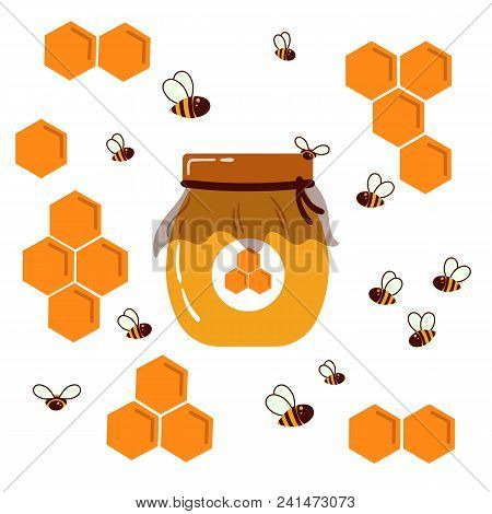 Icon Bee Honeycomb And Glass Jar With Home Honey. Hexagon Honeycombs Pattern, Natural Honey Structs 
