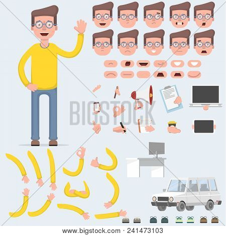 Creating A Young Guy With A Lot Of Different Views, Emotions, Postures And Gestures. Cartoon Style, 