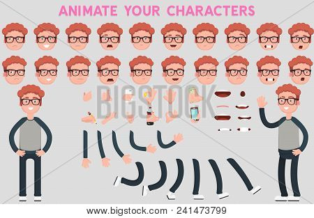 Flat Vector Guy Character For Your Scenes. Character Creation Set With Various Views, Face Emotions,