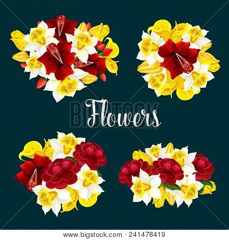 Vector Poster With Red, White And Yellow Flowers. Seamless Floral Pattern With Flowers Of Callas, Na
