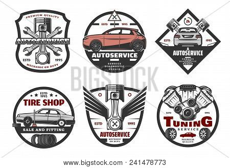 Vector Icons For Car Service Or Tire Shop, Isolated On White Background. Tuning Auto Service For Car