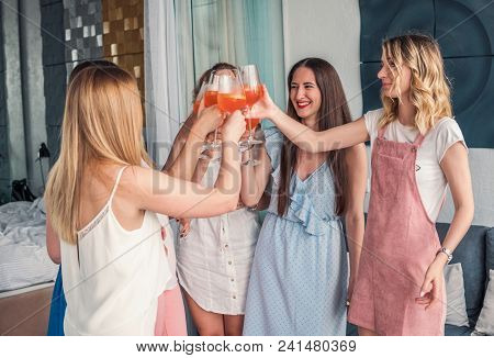 Girls Party. Beautiful Women Friends Having Fun At Bachelorette Party. They Are Celebrating And Drin