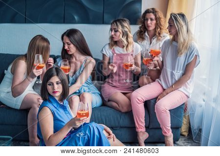Girls Party. Beautiful Women Friends Having Fun At Bachelorette Party. They Are Celebrating And Drin