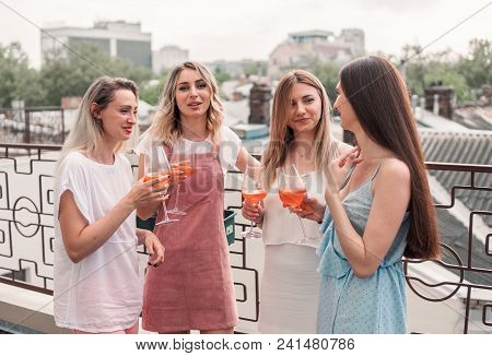 Girls Party. Beautiful Women Friends Having Fun At Bachelorette Party. They Are Celebrating And Drin