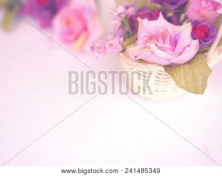 Close Up Colorful Rose Bouquet In Small Basket On White Background For Wedding Or Valentine Card. Pa