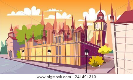 London Cityscape Vector Illustration. Cartoon London Famous Landmarks At Day, Big Ben Or Parliament 
