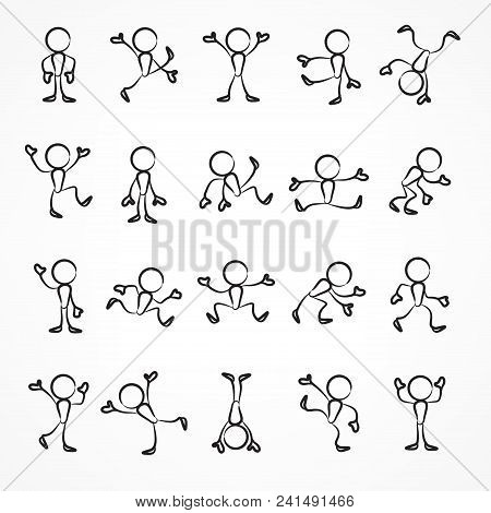 Collection Of Stick Linear Moving Figures With Different Poses, Human Icon Symbol Sign. Vector Illus
