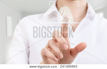 Woman Pressing On Virtual Button With Dactyloscopy Scanner. Fingerprints Identification Concept.