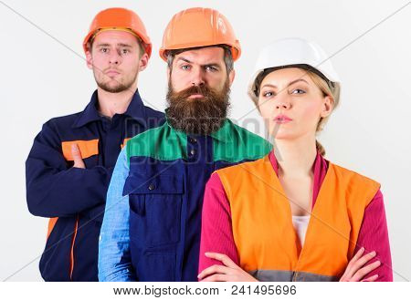 Team Of Architects, Builders With Serious Faces, Isolated White Background. Woman And Men In Hard Ha