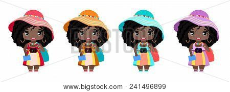 Little Tourist Girl, In A Summer Sundress, Clogs, Hat, With A Camera, Beach Bag And A Book, Phrasebo