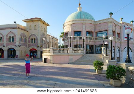Sharm El Sheikh, Egypt - May 12, 2018: Unknown Woman Tourist Is Taking Pictures Of Street With Mobil