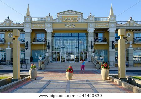 Sharm El Sheikh, Egypt - May 12, 2018: Unknown Woman Tourist Is Taking Pictures Of Beautiful Hotel W