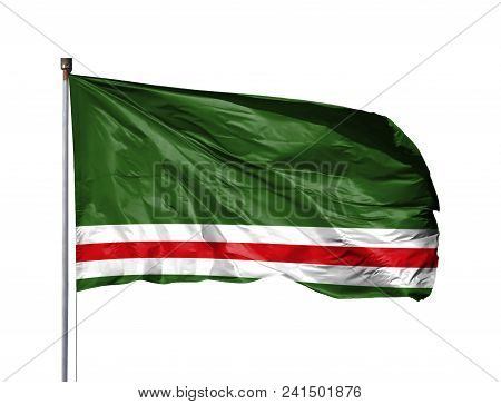 National Flag Of Chechen Republic Of Ichkeria On A Flagpole, Isolated On White Background.