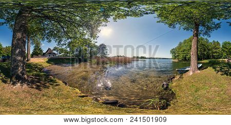 Full Seamless Panorama 360 By 180 Angle View On The Shore Of Huge Forest Lake With A Boat In Sunny S