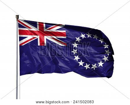 National Flag Of Cook Islands On A Flagpole, Isolated On White Background.