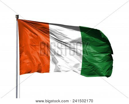 National Flag Of Cote D, Lvoire On A Flagpole, Isolated On White Background.
