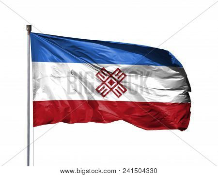 National Flag Of Mari El On A Flagpole, Isolated On White Background.
