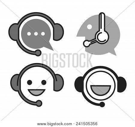 Online Support Monochrome Icons With Head In Headset. Simple Face In Headphones With Microphone In B