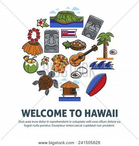 Welcome To Hawaii Promo Poster With National Symbols. Straw Skirt With Flower Beads, Stone Statues, 