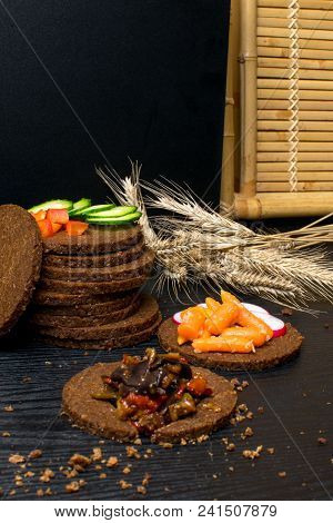 Towel Of Black Bread Gallets With Vegetables - Cucumber, Radish, Red Paprika, Mini Carrot, Eggplant 