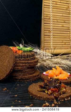Towel Of Black Bread Gallets With Vegetables - Cucumber, Radish, Red Paprika, Mini Carrot, Eggplant 
