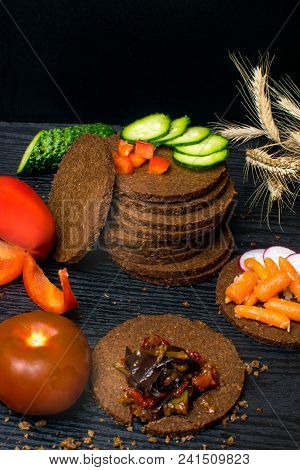 Towel Of Black Bread Gallets With Vegetables - Cucumber, Radish, Red Paprika, Mini Carrot, Eggplant 