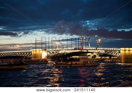 Beautiful Views Of The Night City From The Motor Ship Going On The Water Areas Of The Neva River And