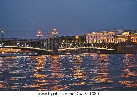 Night Shooting From The Motor Ship During The White Nights, A View Of Troitsky Bridge In The City Of