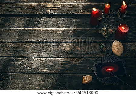 Tarot Cards On Fortune Teller Table. Future Reading. Divination Concept.