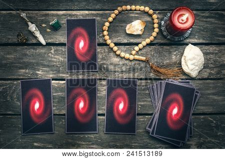 Tarot Cards On Fortune Teller Table. Future Reading. Divination Concept.
