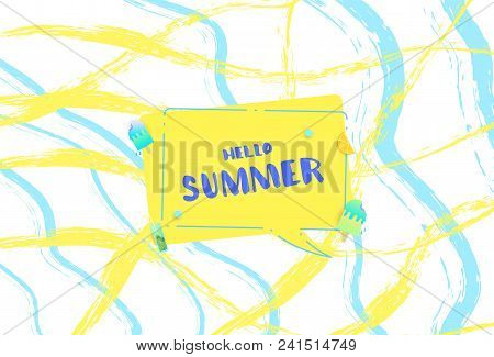 Hello Summer Banner. Horizontal Summer Card With Brushpaint Background. Vector Illustration.