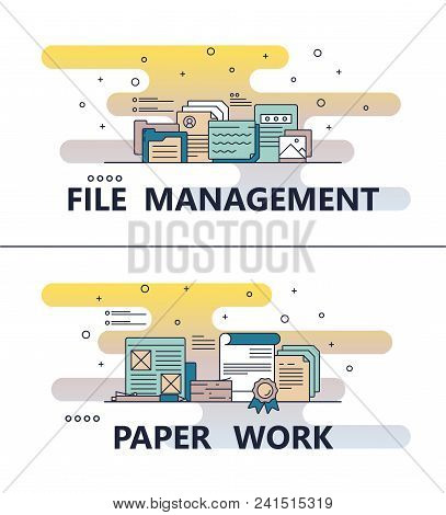 File Management And Paperwork Template Set. Vector Modern Thin Line Art Flat Style Design Elements F
