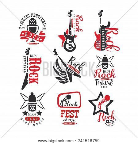 Rock Club Vintage Style Logo Set, Label For Rock Music Fest Vector Illustrations Isolated On A White