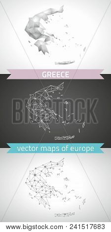 Greece Set Of Grey And Silver Mosaic 3d Polygonal Maps. Graphic Vector Triangle Geometry Outline Sha