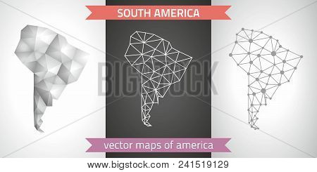 South America Collection Of Vector Design Modern Maps, Gray And Black And Silver Dot Contour Mosaic 