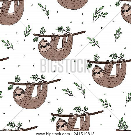 Seamless Pattern With Cute Doodle Sloth Print.