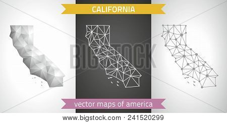 California Set Of Grey And Silver Mosaic 3d Polygonal Maps. Graphic Vector Triangle Geometry Outline