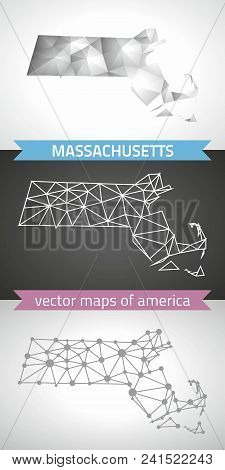Massachusetts Set Of Grey And Silver Mosaic 3d Polygonal Maps. Graphic Vector Triangle Geometry Outl