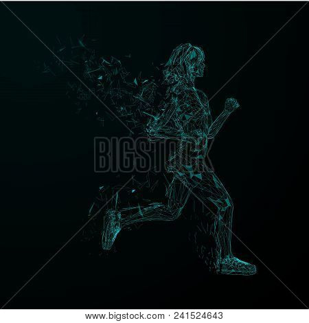 Abstract Futuristic Background. Cover Template. Low Poly Blue Jogging Girls With Wings Of Triangular