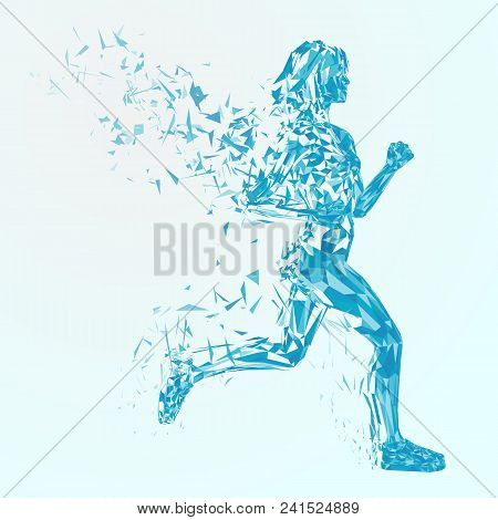 Abstract Fitness Background. Cover Template. Low Poly  Blue  Jogging Girls Silhouette With Wings Of 