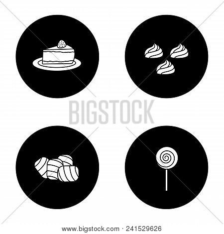 Condectionery Glyph Icons Set. Coffee House Menu. Cheesecake, Meringues, Marshmallow, Spiral Lollipo