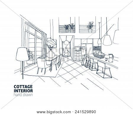 Freehand Sketch Of Mansion Or Summer Cottage Interior With Trendy Comfy Furniture And Home Decoratio