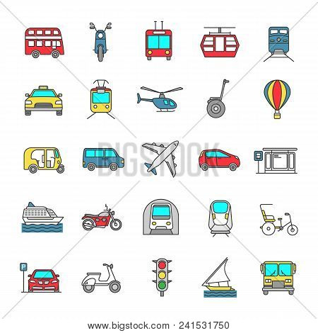 Public Transport Color Icons Set. Water, Land And Air Vehicles. Modes Of Transport. Isolated Vector 