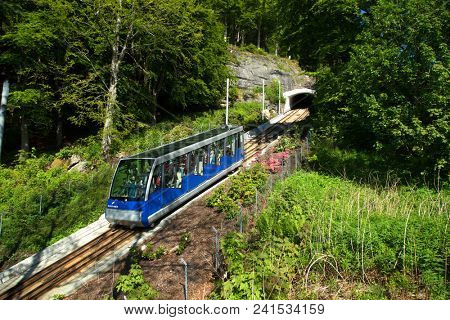 BERGEN-NORWAY, may 27, 2017:  The Floibanen is a funicular railway in the Norwegian city of Bergen. It connects the city centre with the mountain of Floyen
