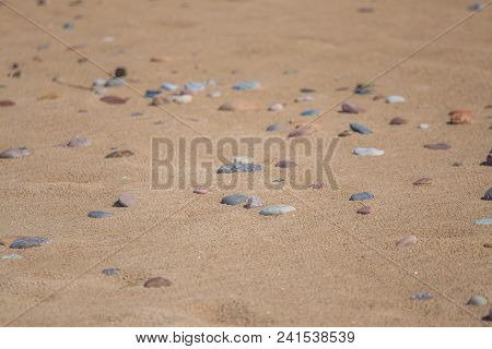 Beautiful Smooth Sea Stones In The Sands Of The Beach. Closeup Photo Of Stone Textures And Shapes.