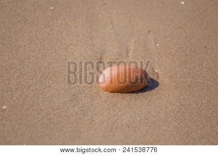 Beautiful Smooth Sea Stones In The Sands Of The Beach. Closeup Photo Of Stone Textures And Shapes.