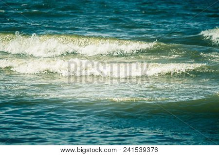 Beautiful Waves Breaking On The Shore Of Baltic Sea.  Bright Sunny Day At The Beach.