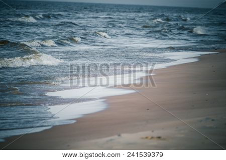 Beautiful Waves Breaking On The Shore Of Baltic Sea.  Bright Sunny Day At The Beach.